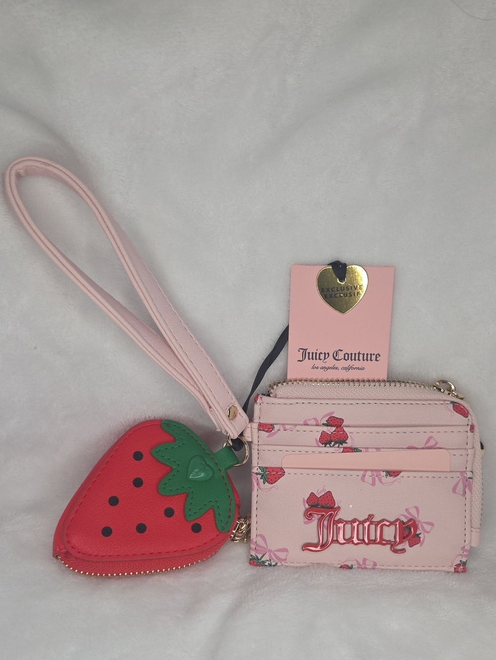 Juicy Couture Pink Strawberry Wristlet Card Case with Strawberry Coin Pouch